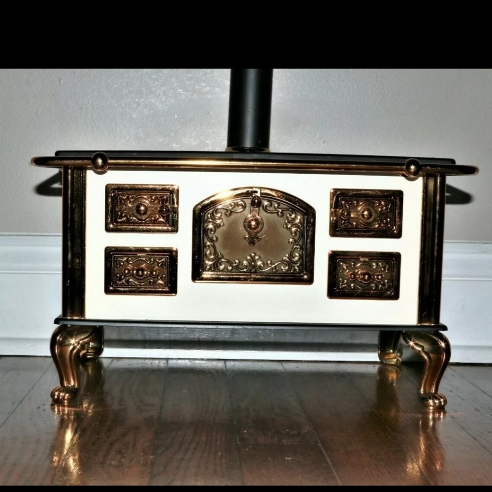 Vintage large doll wood stove black / gold tone trim approx 14x8x8" - Picture 2 of 8